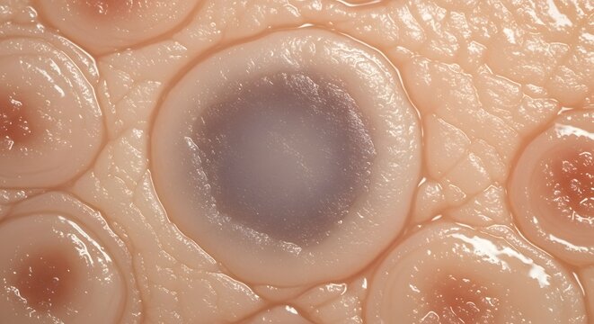 Close up of a skin lesion or a mole with a shiny surface and surrounding skin texture