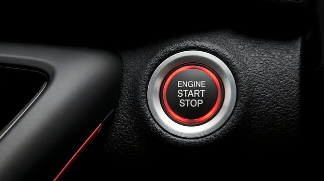 Close up of illuminated engine start stop button in a dark car interior