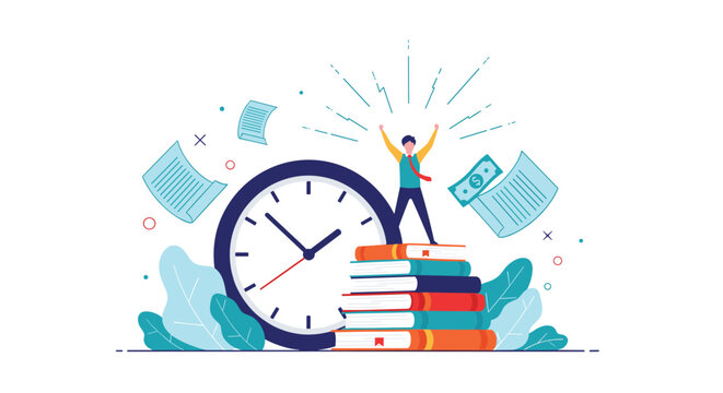 Successful student standing on a stack of books next to a large clock with flying papers and money, symbolizing effective time management skills.