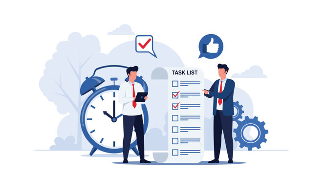 Two businessmen standing next to a giant task list and an alarm clock, discussing completed assignments and managing work project time limits.