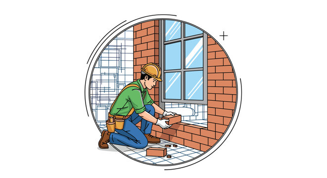 Construction worker kneeling and laying bricks for a wall under a large window in a circular frame showing an industrial project background.