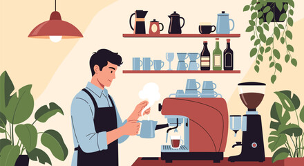 Fototapeta premium Skilled male barista in a blue shirt and black apron carefully steaming milk with an espresso machine in a modern and cozy coffee shop interior.