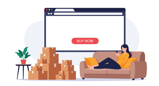 Young woman relaxing on a comfortable sofa while using her smartphone to shop online with a stack of cardboard boxes and a buy now button.