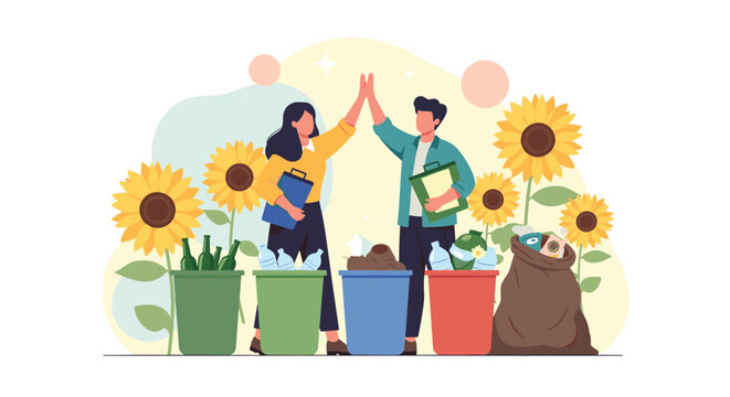 Two environmental volunteers giving a high five while standing in front of various recycling bins and sunflowers to celebrate their work.