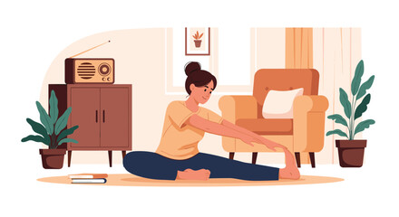 Fototapeta premium Young woman practicing yoga and stretching her leg on a mat in a cozy living room with a vintage radio and plants.
