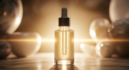 Naklejka premium A dropper bottle of golden serum illuminated by a warm light