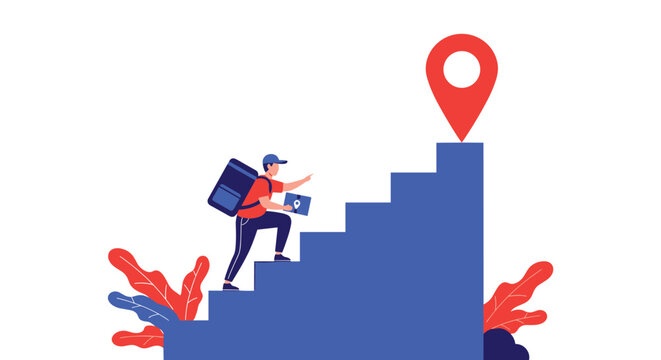 Delivery courier with a backpack and package climbing blue stairs toward a giant red location map pin for tracking.