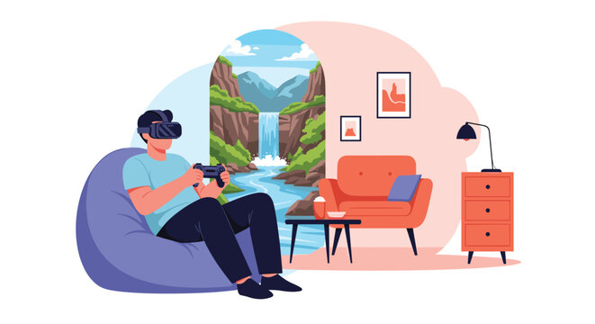 Young man wearing virtual reality headset and holding controller while playing an immersive game in his living room.