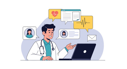 Fototapeta premium Smiling doctor at his laptop consults with patients virtually through profiles and medical icons in speech bubbles.
