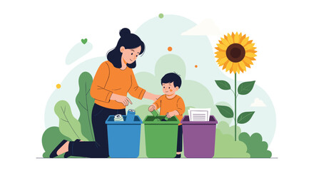 Fototapeta premium Caring mother and her child sort their household trash into different colored recycling bins next to a bright sunflower.