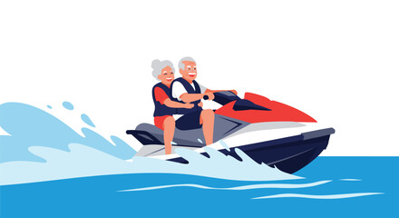 Fototapeta premium Happy senior couple enjoys an adventurous ride on a powerful jet ski across the bright blue ocean waves during vacation.