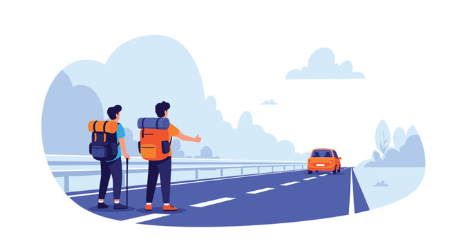 Two backpackers stand on the edge of a highway hitchhiking with their thumbs up as an orange car drives away into the misty distance.
