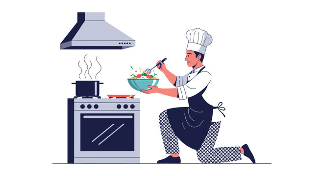 Professional chef in a white hat and apron prepares a fresh vegetable salad in a large bowl in a modern kitchen with a stove and exhaust.