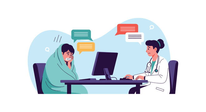 Sick person wrapped in a blanket has a virtual consultation with a female doctor over a computer screen with speech bubbles for symptoms.