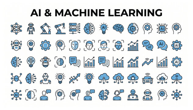Artificial intelligence and machine learning vector icon set showing neural networks robotics data processing and cognitive computing concepts with intelligence artificial learning robotics