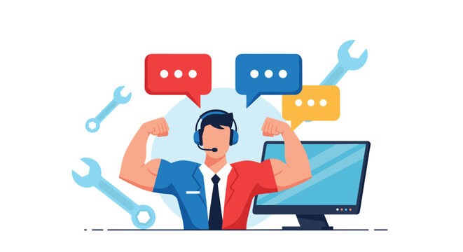 Powerful customer support agent in professional attire flexing muscles to represent strong and reliable service for clients.