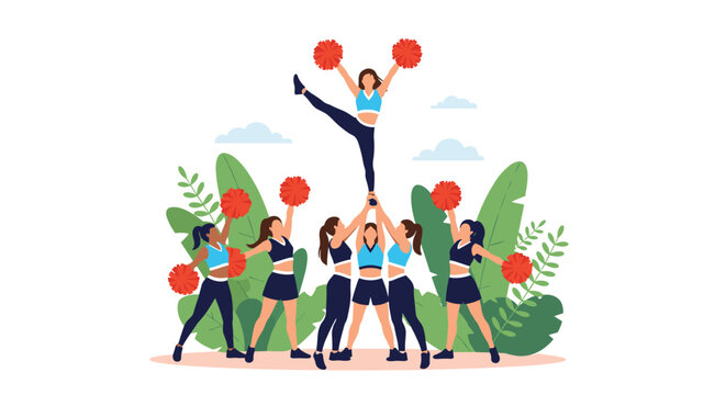 Professional cheerleading team performing a pyramid stunt and athletic poses with red pom-poms on a white background with decorative green plants.