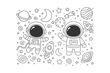 Two cute cartoon astronauts floating in outer space with rockets, planets, stars, and moons in a black and white style © BWKit