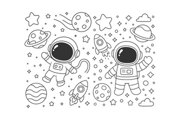 Two adorable cartoon astronauts floating in space with rockets and various planets depicted in a simple black and white style © BWKit