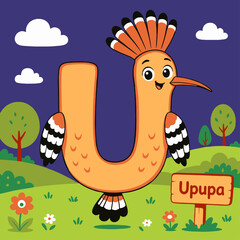 Letter U - Upupa Hoopoe from Cute Animal Alphabet Series - Flat Vector Illustration for Kids ©  TIMOO