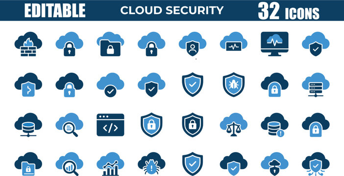 Cloud security icon set. Includes blue symbols for padlock protection, data privacy, secure servers, and network defense. Flat vector icons for cyber safety, hosting protection, and database backup.
