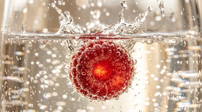 Ultra-realistic macro photograph of a red berry submerged in water with splashes and bubbles.