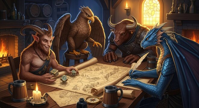 Mythical creatures gather around a rustic wooden table in a dimly lit tavern, rolling dice and examining paper maps for a grand adventure, rpg, dwarf, detailed