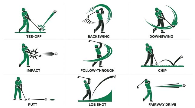 Vector illustration of various golf swings and shots on white background