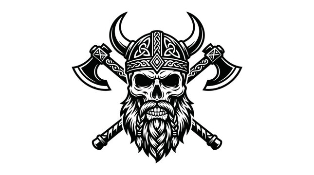 A detailed black and white illustration of a bearded warrior skull wearing a horned helmet