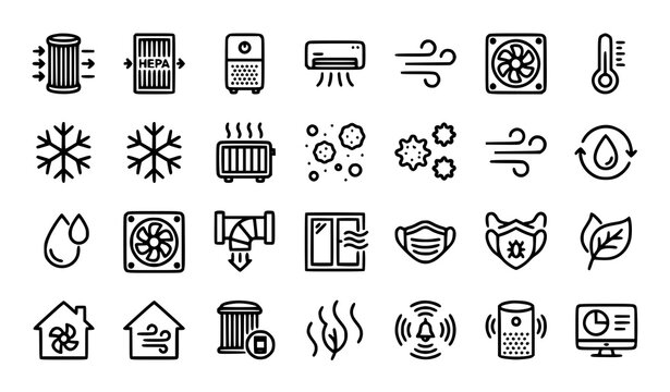 Editable Stroke Air Quality Thin Line Vector Icons Set with Air Filter Purifier Temperature and Dust