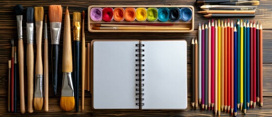 Naklejka premium Creative Education Flat Lay with Paint Brushes Colored Pencils and Art Supplies