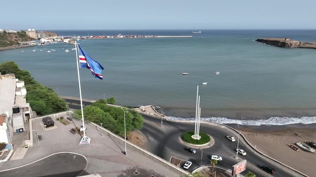 Praia, Cape Verde - the national flag over the colonial Plateau district, aerial drone view