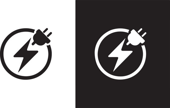 Contrasting icons of an electric plug and lightning bolt in a circle on black and white backgrounds