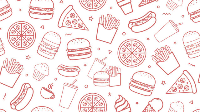Seamless vector pattern with outlines of fast food items on a transparent background. Vector illustration