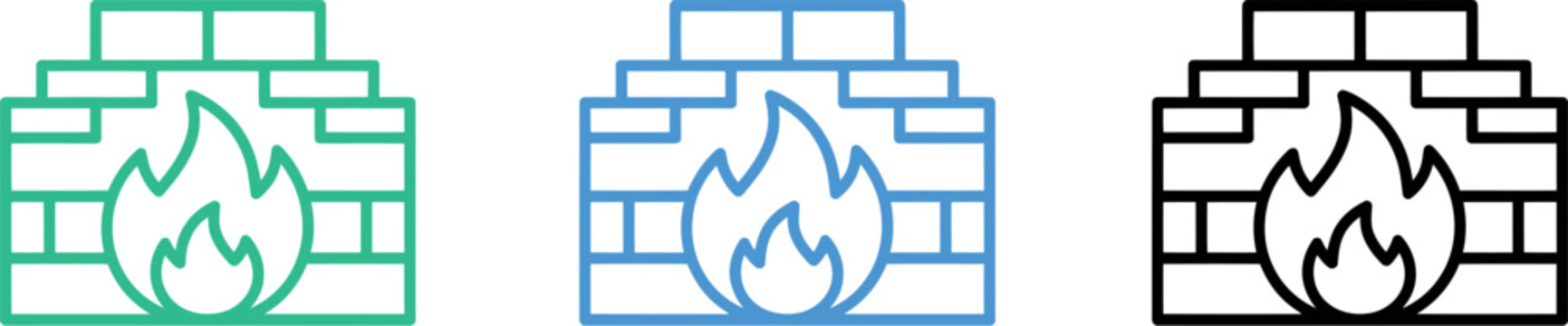 Vector line art icon of a fireplace with burning flames, three color variations included. Vector illustration