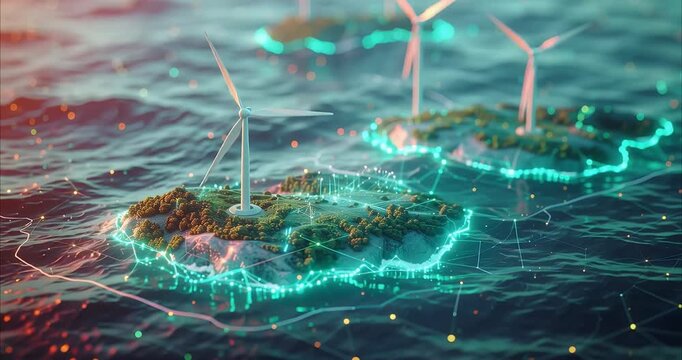 Futuristic digital representation of wind turbines on islands connected by a glowing energy network in the ocean.
