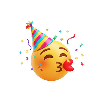 Celebratory emoji blowing a party horn with confetti and hat isolated on transparent background