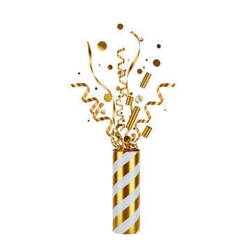 Celebratory confetti bursting from a striped party popper against a white background isolated on transparent background