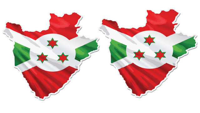 Burundi map silhouette with national flag, waving fabric texture on country border, set of 2 Burundi map icons in SVG format isolated on White Background