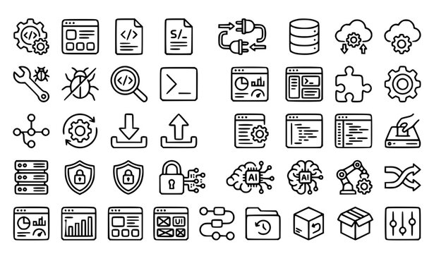 Software Outline Icon Set with 30 Editable Stroke Linear Technology Symbols Black and White Vector Illustration