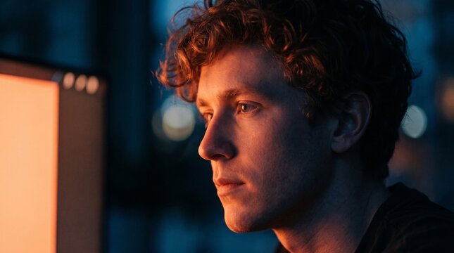 Close-up portrait of young man looking at computer screen in dark room