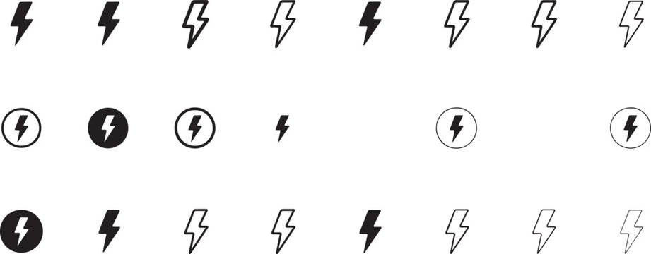 Lightning bolt icons collection featuring various electric energy symbols in different line weights. Vector illustration