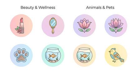 Fototapeta premium Beauty Wellness and Animals Pets Icon Set with Pastel Gradient Circles — Cute Line Art Collection