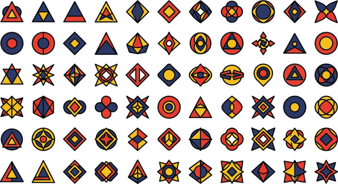 Set of colorful geometric shapes and abstract icons with hand drawn style isolated on white background