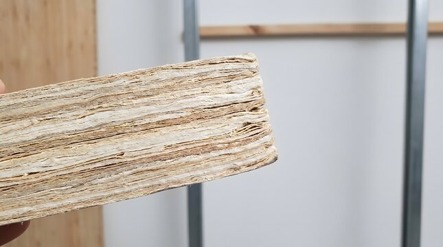Close up of Plywood edge: A close-up shot showcases the layered texture of a plywood board's edge, highlighting the wood grain and adhesive bonds in a construction or DIY context.