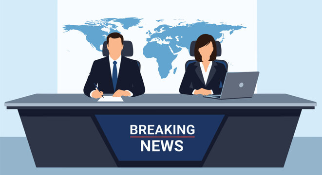 Professional male and female news anchors sitting at studio desk with world map background for breaking news broadcast program.