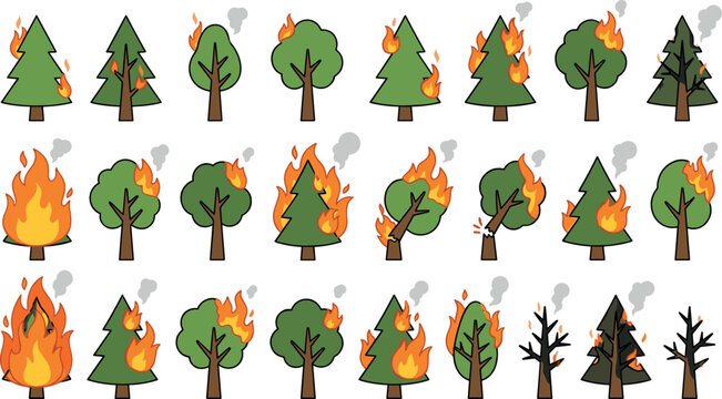 Vector illustration icon set of cartoon green trees burning and smoke rising showing wildfire stages isolated on a clean white background