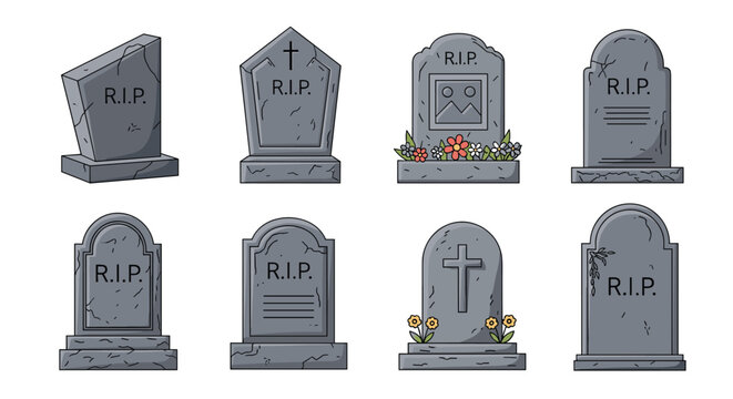 Collection of various grey stone gravestones with R.I.P. inscriptions and different shapes are arranged for a cemetery theme.