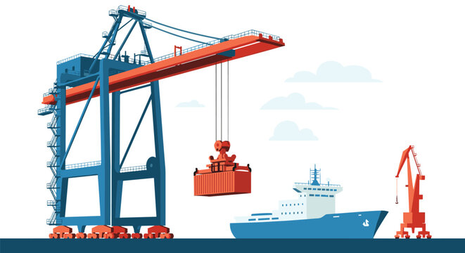 Massive container shipping port featuring giant blue cranes loading cargo onto a large ship for global trade and logistics.