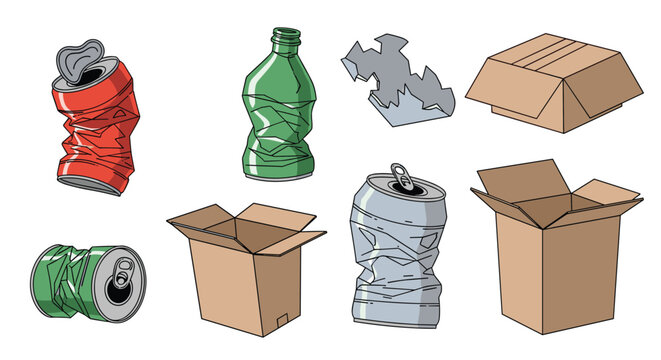 Collection of crushed metal cans, a plastic bottle, and flattened cardboard boxes representing various types of recyclable waste materials.